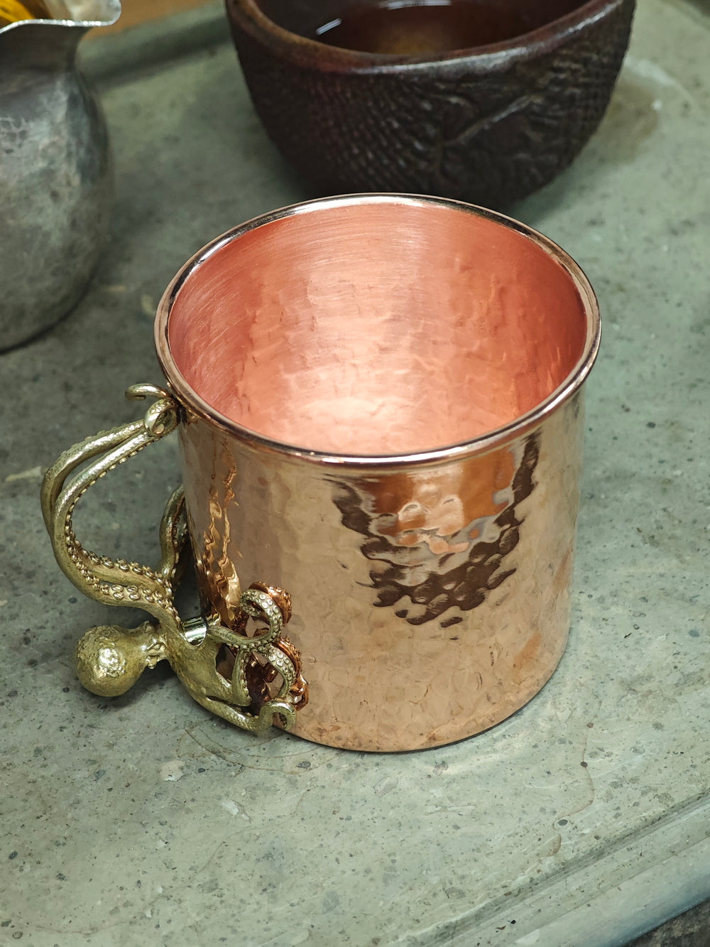 Polished Octopus Coffee Copper Cup – Mirror Finish Turkish Greek Hammered Mug, Heavy Duty 12 oz Metal Glass for Espresso or Iced Coffee, Unique Gift for Men